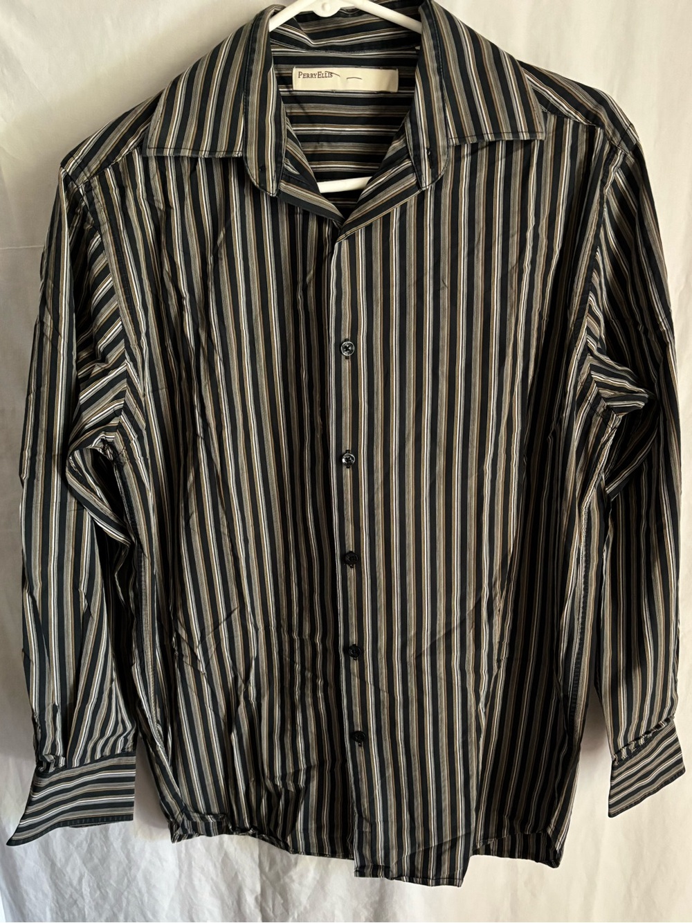 Perry Ellis Men’s Black and White Vertical Stripe Dress Shirt
